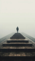 The person, standing at the top of stairs amidst fog, showcases a style of geometric surrealism and gothic realism.
