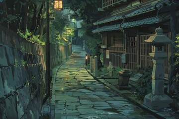 Fototapeta premium Following a riverside path lined with old stone lanterns, cozy vibe, Generative AI