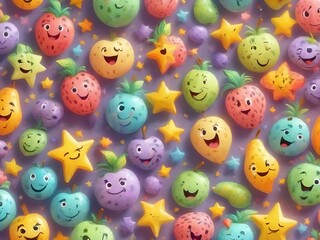 Generative AI. Background pattern Cute and very charming happy expression fruit. pastel colors. stars. bokeh