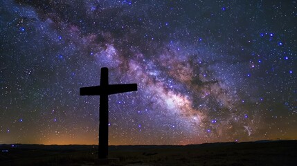 cross in the ground with Starry night sky cosmic vastness