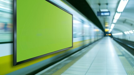 Fototapeta premium Vibrant Green Screen Poster Media Template in Busy Train Subway Station - Advertisement Display with Moving Train Background