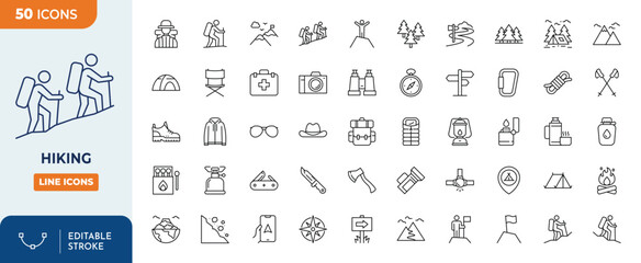 Hiking icons set. Contain icons related to Hiking, adventure, outdoor, mountain, nature, camping and more. Outline Icon Collection. Editable stroke. Vector illustration