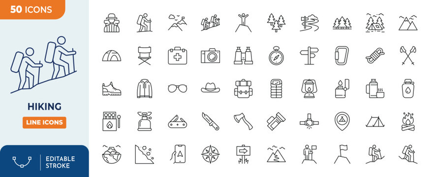 Hiking icons set. Contain icons related to Hiking, adventure, outdoor, mountain, nature, camping and more. Outline Icon Collection. Editable stroke. Vector illustration	