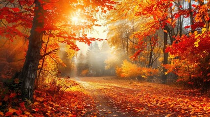 Autumn leaves adorn nature with forest in wide view