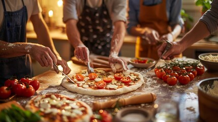 Artisanal Pizza Party Friends Uniting Over Handmade Dough and Fresh Toppings in a Cozy Setting Celebrating Togetherness and Culinary Creativity