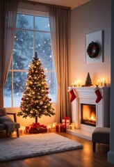 Christmas picture, Christmas tree dressed up with toys, fireplace, winter outside the window, gift boxes, Christmas gift socks. Holiday, cozy. Christmas, New Year. Banner, poster, background. 
