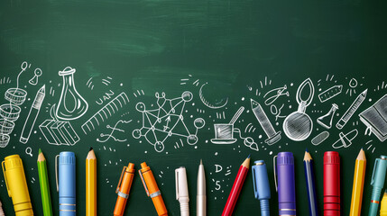 A green chalkboard with white chalk drawings of school supplies, such as pencils, rulers, and a beaker. The bottom of the image features a row of colorful pens and pencils. Back to school