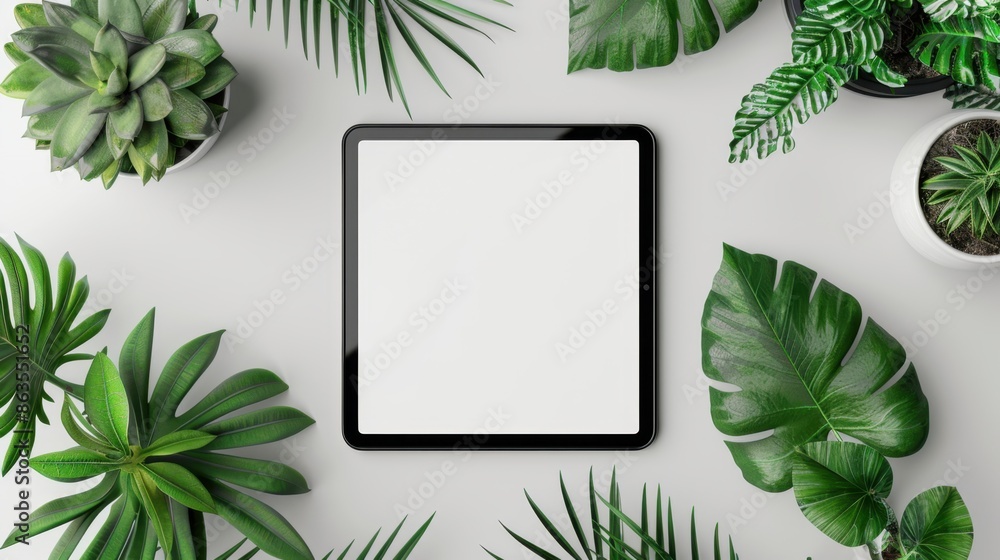 Poster tablet computer with a blank screen, set on a minimalist white surface.