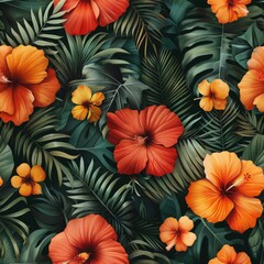 watercolor Hibiscus flowers in bold reds and oranges intertwined with delicate fern leaves, deep jungle green background, vibrant and dynamic, seamless repeating pattern, minimal pattern