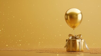 Obraz premium Elegant golden gift box with matching balloons and ribbons on festive background, perfect for celebrations and special occasions with ample copy space