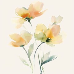 A watercolor painting of delicate yellow flowers with green stems and leaves on a white background