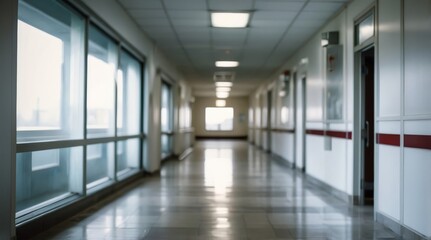 Obraz premium Blur image background of hospital clinic corridor empty hallway glass window ceiling door healthcare