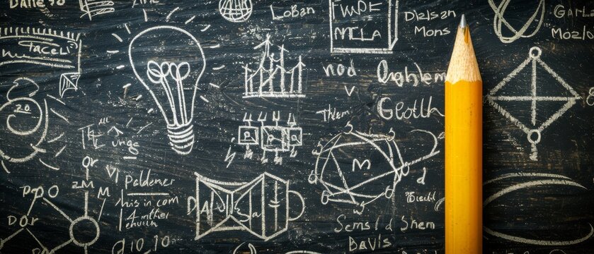 A close-up image of a chalkboard covered in hand-drawn doodles, featuring a lightbulb, geometric shapes, and a yellow pencil. Back to school