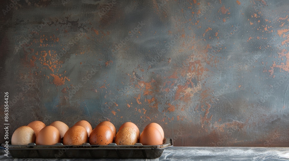 Poster eggs arranged in tray with a wall in the background