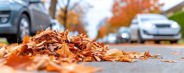 Autumn leaves scattered on a city street with parked cars and distant trees in colorful fall foliage.