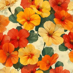 watercolor Nasturtiums in soft orange, yellow, and red, aged fabric background, intricate floral print, classic vintage garden charm, seamless repeating pattern, minimal pattern, high contrasty