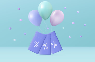 3d discount coupon. Gift voucher with balloons. Sales promotion, shopping, low interest advertising, sale. Label with bonus, online benefits, free. An interesting event with profitable sales. Vector.