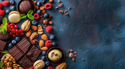 Assorted nuts berries chocolate and macarons on dark blue background with focus on some items
