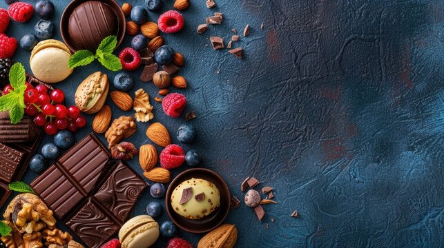 Assorted nuts berries chocolate and macarons on dark blue background with focus on some items