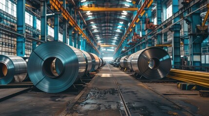 Aluminum steel sheet rolls neatly stacked in a metalwork factory warehouse