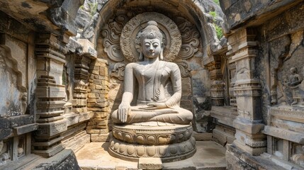 Ancient Buddhist rock carvings in a tranquil natural setting