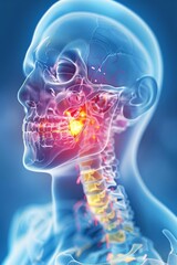 Naklejka premium 3D rendered illustration of a human head showing nerve pain or neuralgia in the face, highlighted in red.