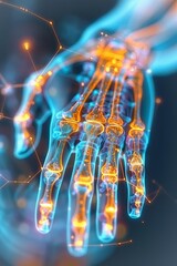 Futuristic digital illustration of a human hand showing bones, joints, and neural connections, glowing with vibrant colors.