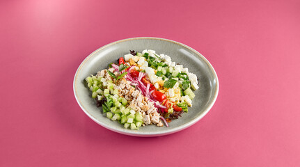 Fresh Cobb Salad: Colorful Healthy Ingredients on Pink Background - Stock Photo