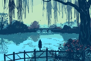 Wandering along a riverside park with weeping willows swaying in the breeze, cozy vibe, Generative AI
