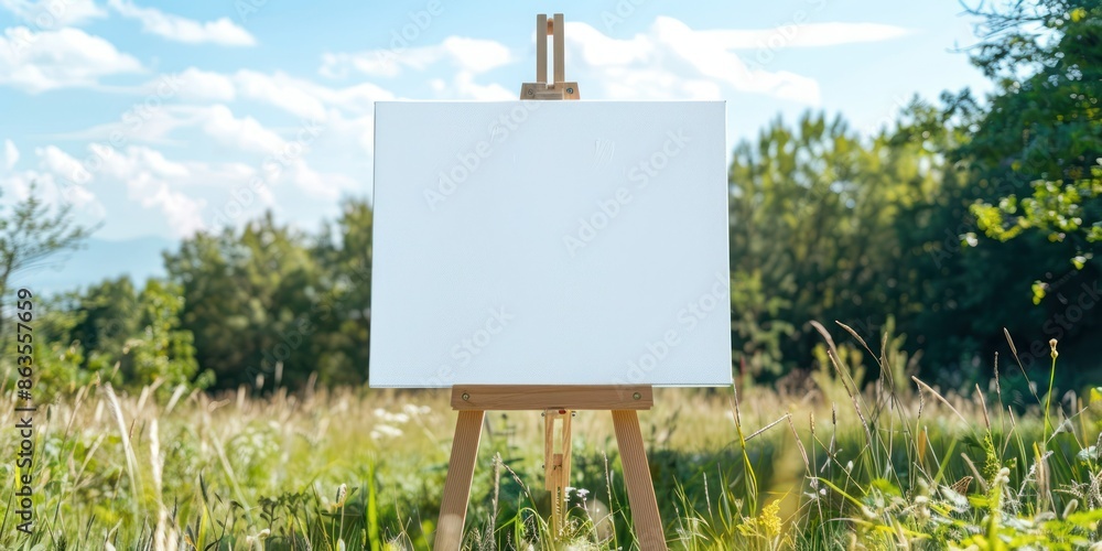 Poster rectangular shaped canvas only in white color standing on the easel in front of the countryside wedd