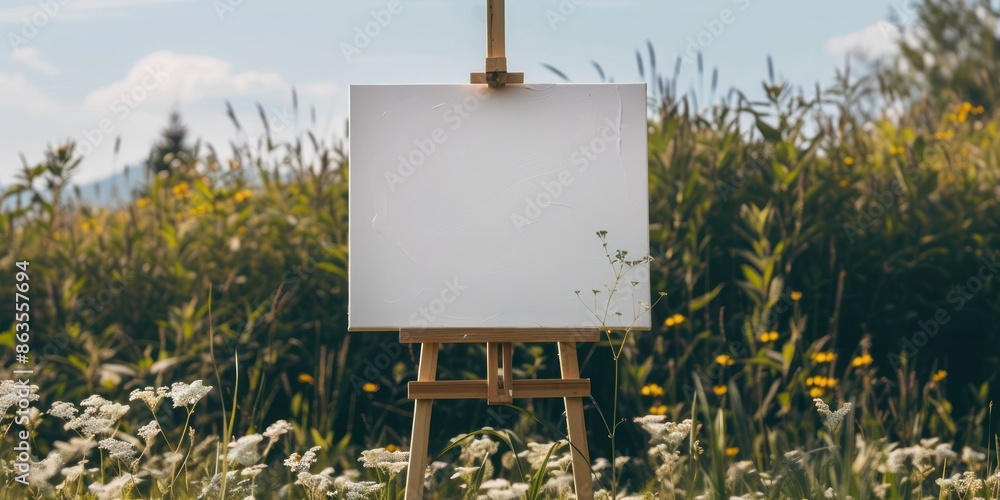 Poster rectangular shaped canvas only in white color standing on the easel in front of the countryside wedd