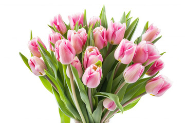 Fototapeta premium Fresh bouquet of pink tulips with green stems and leaves, elegantly arranged and isolated on a white background.