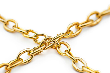 Obraz premium Close-up of a luxurious golden chain, intricately linked and isolated on a white background, symbolizing elegance and strength.