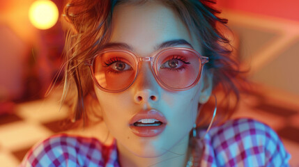 Fototapeta premium Attractive surprised young woman wearing sunglasses on checkered background, beauty and fashion concept.