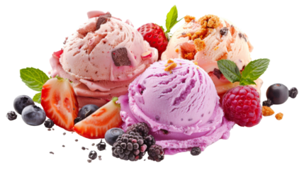 Colorful ice cream scoops with decor on a transparent background