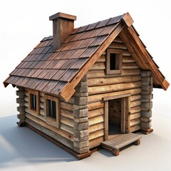 3D Render of a Rustic Log Cabin, on isolated white background, Generative AI