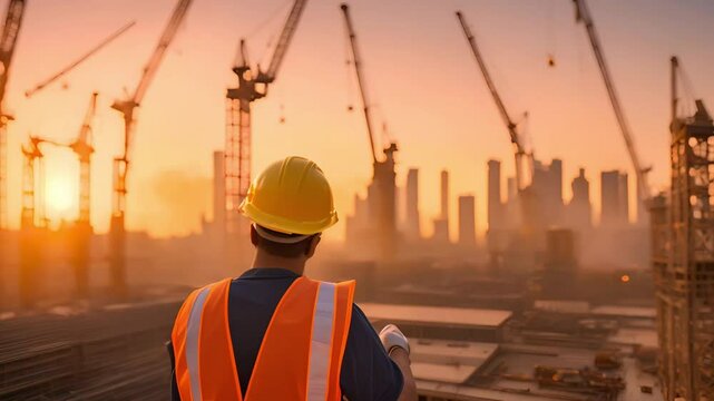 A construction worker supervisor of a project. With some cranes in the afternoon