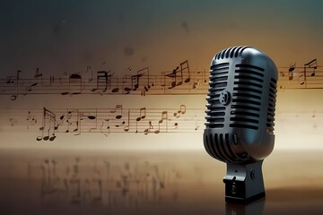 a microphone with musical notes in the background