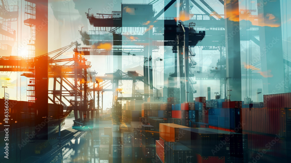 Poster abstract container ship carrying container boxes import export dock with quay crane. business commer