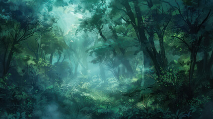 A dense forest shrouded in mist landscape