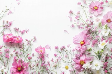 Fototapeta premium Circular arrangement of pink and white flowers on white surface, representing beauty and nature in a delicate floral display