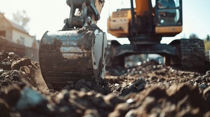 A worker wearing a hard hat controls a powerful excavator at a construction site. beautiful sky backdrop.