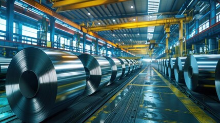 Fototapeta premium Factory scene with aluminum sheet metal rolls, worker in protective clothing, inspecting quality with a digital tablet