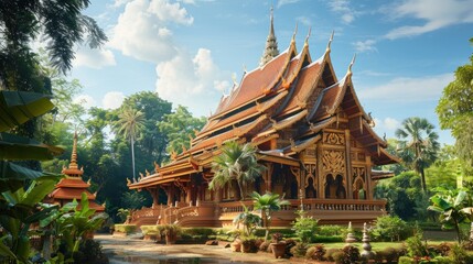 Naklejka premium Traditional Thai temple with elaborate roof decorations