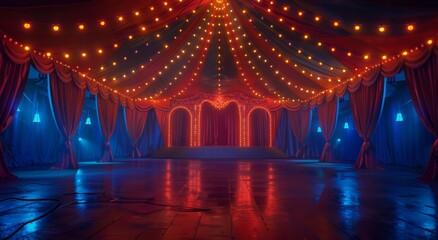 Empty Stage With Red Curtains and String Lights Underneath a Big Top Tent