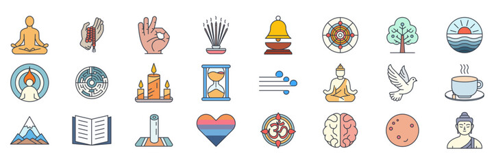 meditation icons set, Included icons as Lotus Pose, Candle, Labyrinth, Hourglass and more symbols collection, logo isolated vector illustration