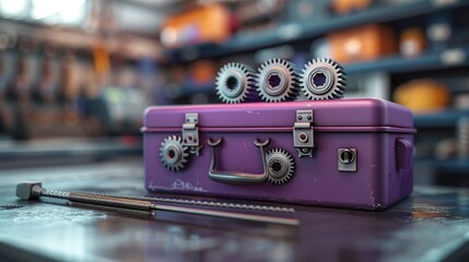 Labor Day image showcasing a purple toolbox and gears on a blurred background, elegant and simple