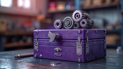 Labor Day image showcasing a purple toolbox and gears on a blurred background, elegant and simple