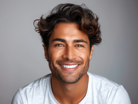 Closeup portrait of a smiling handsome man with fresh clean skin teeth stylish hair beard strong jawline isolated on white background great for dental ad happy young Latin Indian guy