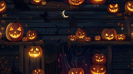 Spooktacular Jack o  Lanterns Adorning a Rustic Wooden Porch with Flickering Candlelight and a Dramatic Full Moon